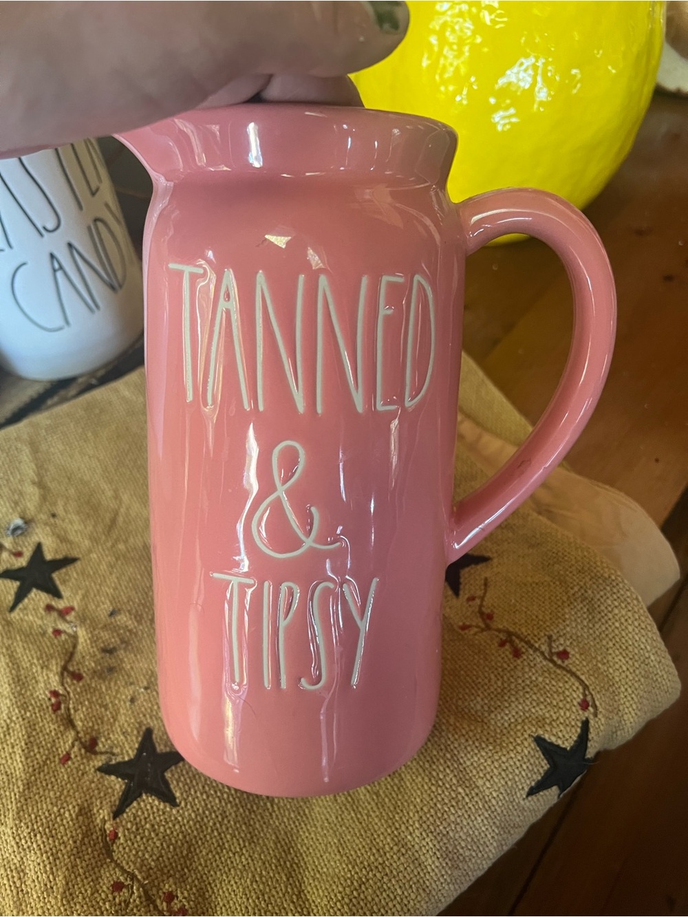 Rae Dunn Pink "Tanned & Tipsy" Ceramic Pitcher